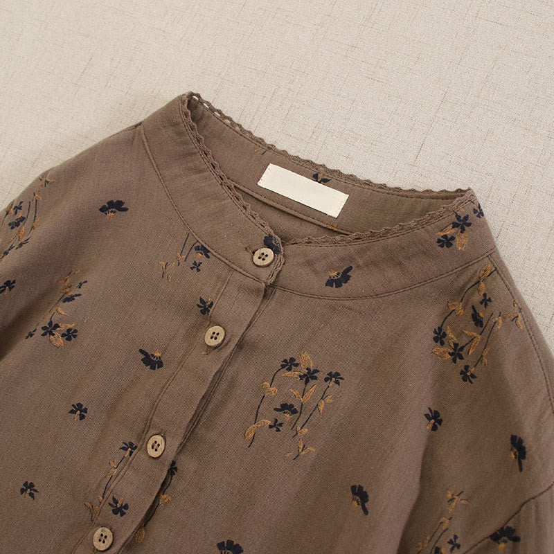 Buddha Stones Spring Small Floral Print Buttons Design Crew Neck Long Sleeve Midi Dress With Pockets - image 38