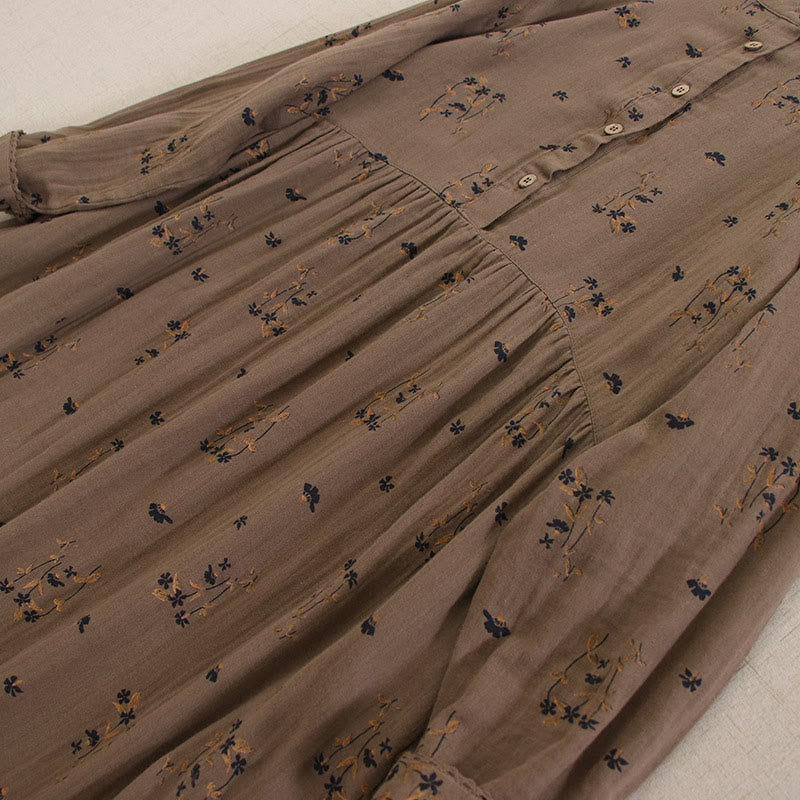 Buddha Stones Spring Small Floral Print Buttons Design Crew Neck Long Sleeve Midi Dress With Pockets - image 39