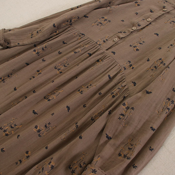 Buddha Stones Spring Small Floral Print Buttons Design Crew Neck Long Sleeve Midi Dress With Pockets - image 39