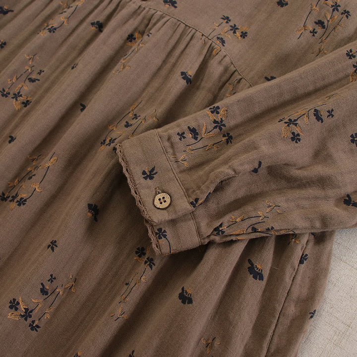 Buddha Stones Spring Small Floral Print Buttons Design Crew Neck Long Sleeve Midi Dress With Pockets - image 40