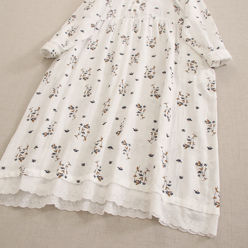 Buddha Stones Spring Small Floral Print Buttons Design Crew Neck Long Sleeve Midi Dress With Pockets - image 50