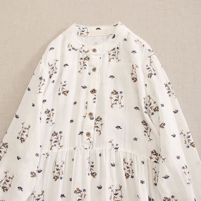 Buddha Stones Spring Small Floral Print Buttons Design Crew Neck Long Sleeve Midi Dress With Pockets - image 45