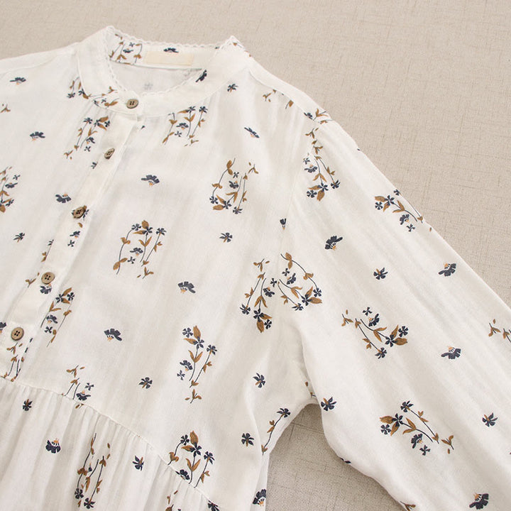 Buddha Stones Spring Small Floral Print Buttons Design Crew Neck Long Sleeve Midi Dress With Pockets - image 47