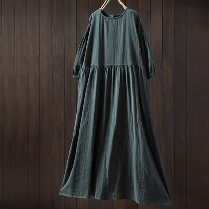 Buddha Stones Summer Solid Color Crew Neck Half Sleeve Cotton Midi Dress With Pockets - DarkCyan - US4-6，UK/AU8-10，EU36-38 (F) - image 6