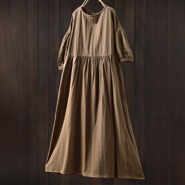 Buddha Stones Summer Solid Color Crew Neck Half Sleeve Cotton Midi Dress With Pockets - Tan - US4-6，UK/AU8-10，EU36-38 (F) - image 10