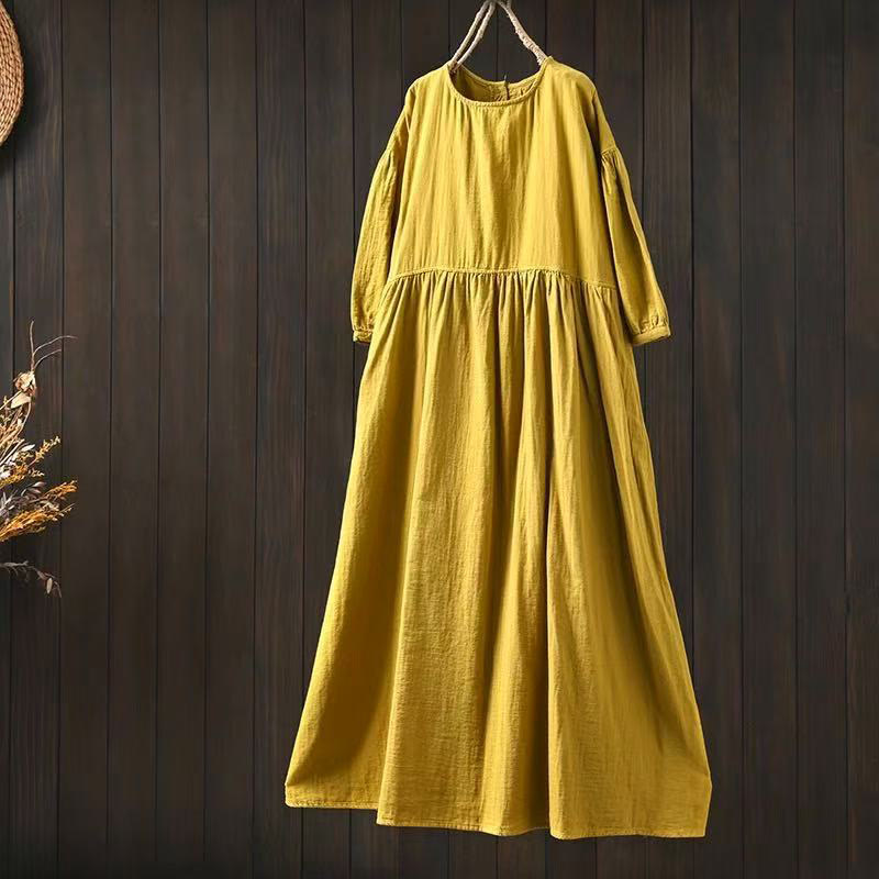 Buddha Stones Summer Solid Color Crew Neck Half Sleeve Cotton Midi Dress With Pockets - Yellow - US4-6，UK/AU8-10，EU36-38 (F) - image 2