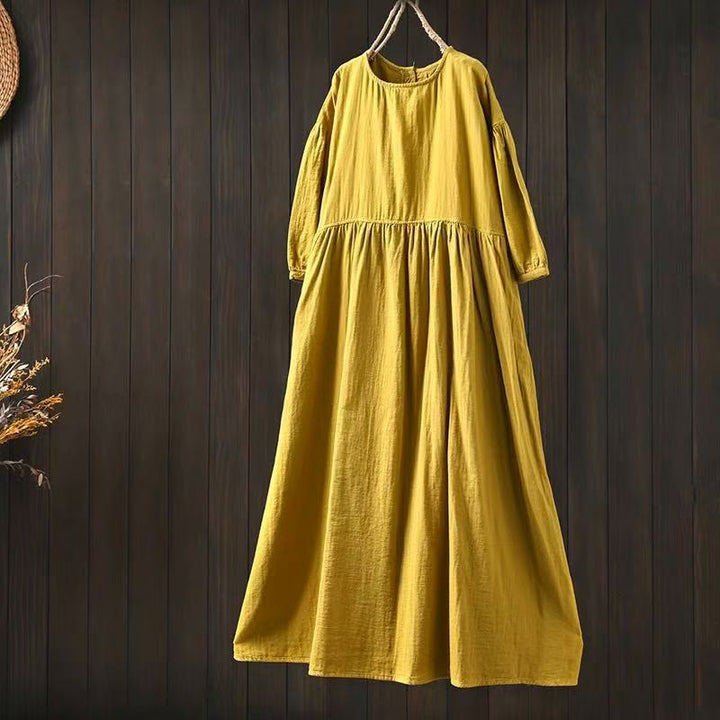 Buddha Stones Summer Solid Color Crew Neck Half Sleeve Cotton Midi Dress With Pockets - Yellow - US4-6，UK/AU8-10，EU36-38 (F) - image 2