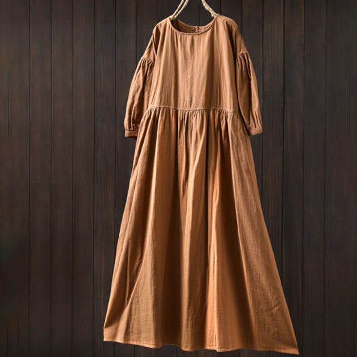 Buddha Stones Summer Solid Color Crew Neck Half Sleeve Cotton Midi Dress With Pockets - Goldenrod - US4-6，UK/AU8-10，EU36-38 (F) - image 8