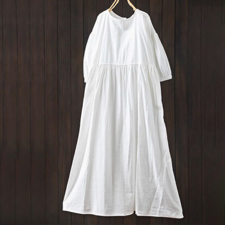 Buddha Stones Summer Solid Color Crew Neck Half Sleeve Cotton Midi Dress With Pockets - White - US4-6，UK/AU8-10，EU36-38 (F) - image 4