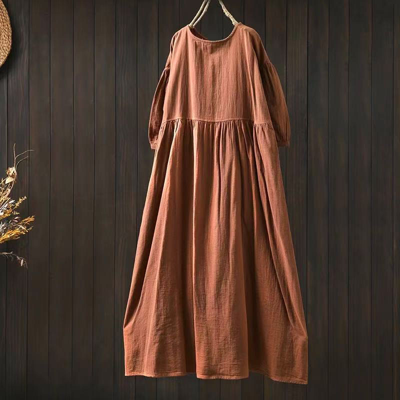 Buddha Stones Summer Solid Color Crew Neck Half Sleeve Cotton Midi Dress With Pockets - SandyBrown - US4-6，UK/AU8-10，EU36-38 (F) - image 0