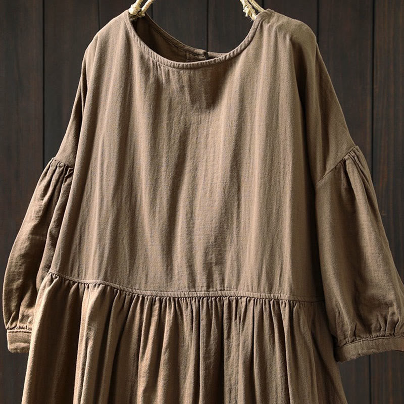 Buddha Stones Summer Solid Color Crew Neck Half Sleeve Cotton Midi Dress With Pockets - image 11