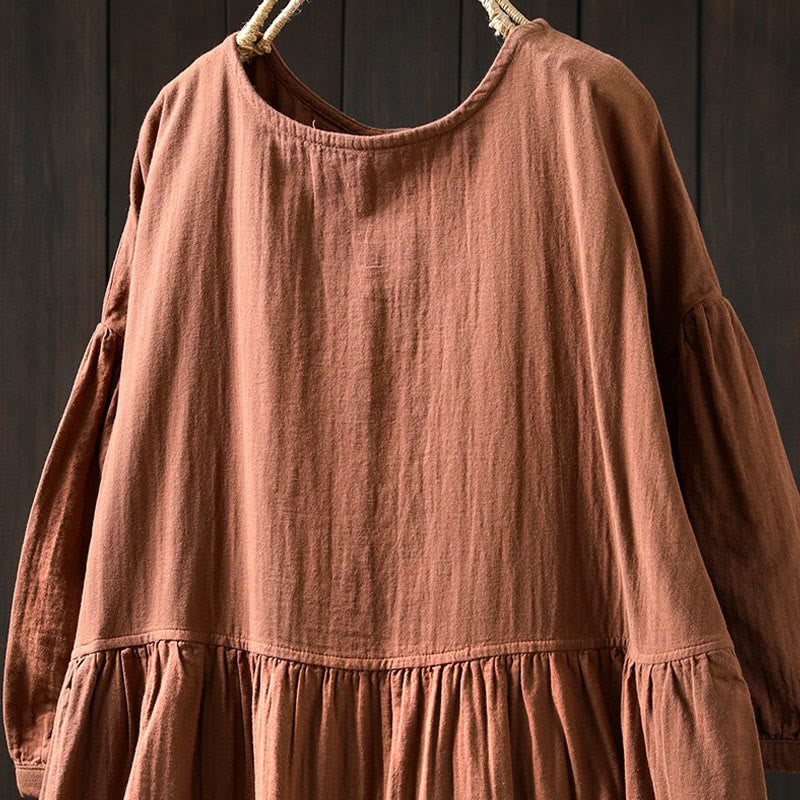 Buddha Stones Summer Solid Color Crew Neck Half Sleeve Cotton Midi Dress With Pockets - image 1