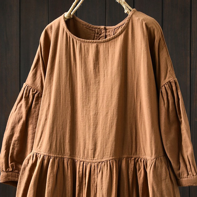 Buddha Stones Summer Solid Color Crew Neck Half Sleeve Cotton Midi Dress With Pockets - image 9