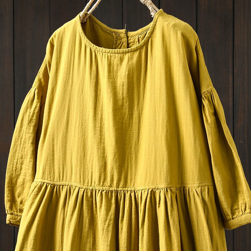 Buddha Stones Summer Solid Color Crew Neck Half Sleeve Cotton Midi Dress With Pockets - image 3