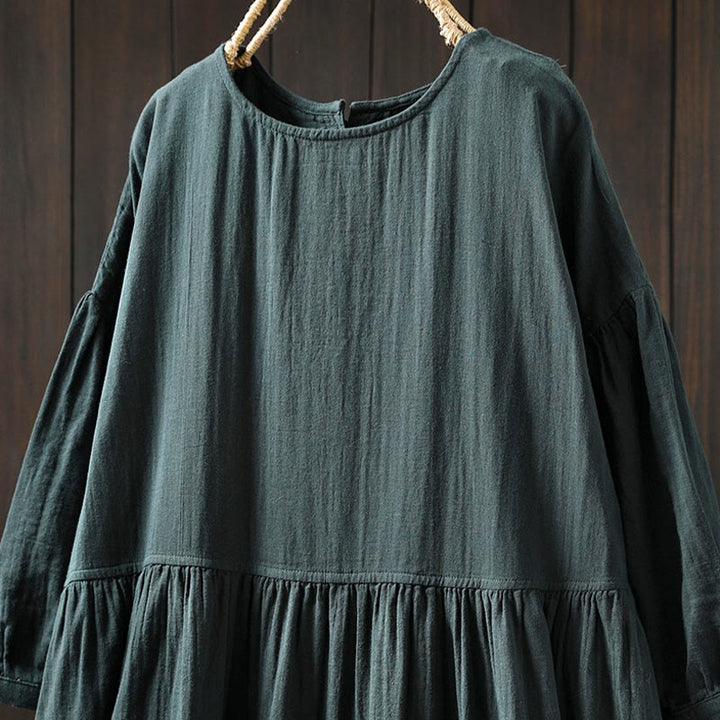 Buddha Stones Summer Solid Color Crew Neck Half Sleeve Cotton Midi Dress With Pockets - image 7