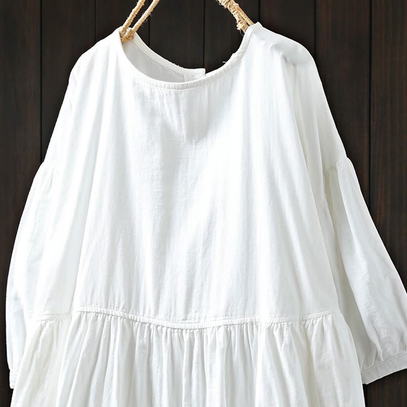 Buddha Stones Summer Solid Color Crew Neck Half Sleeve Cotton Midi Dress With Pockets - image 5