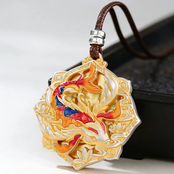 Buddha Stones 999 Sterling Silver Colorful Koi Fish Carved Luck Necklace Pendant - image 2