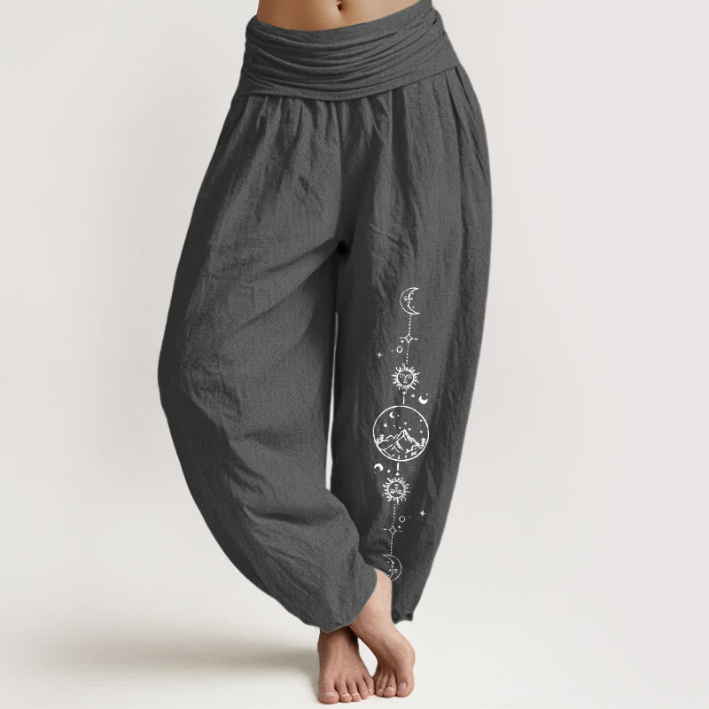 Buddha Stones Pure Cotton Minimalist Design Moon Sun Star Mountain Pattern Women's Elastic Waist Harem Pants - DimGray - US16，UK/AU20，EU48 (3XL) - image 0