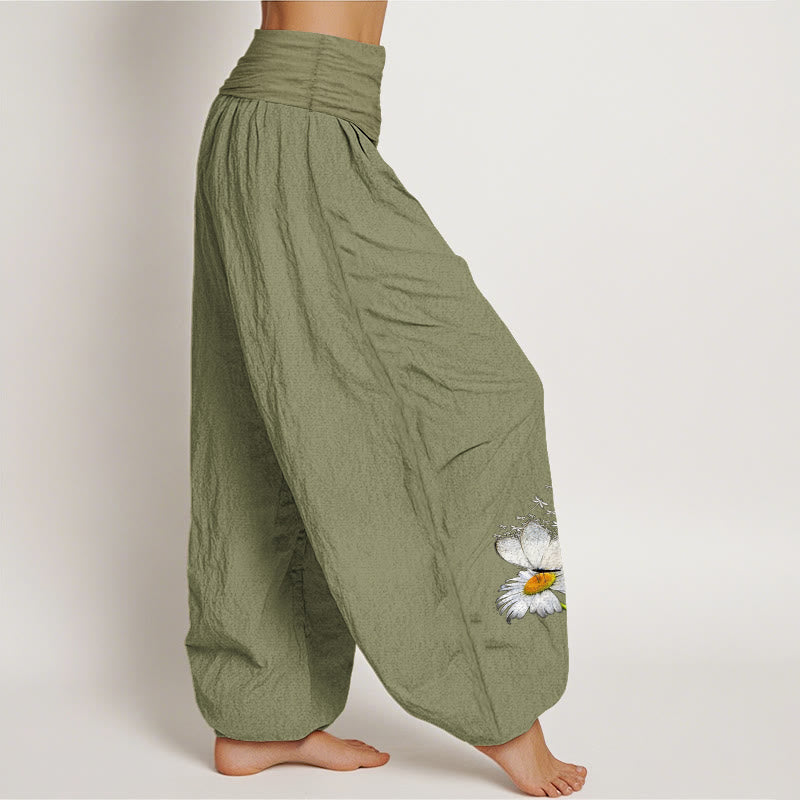 Buddha Stones Pure Cotton Elegant Daisy Butterfly Dragonfly Pattern Women's Elastic Waist Harem Pants - image 2