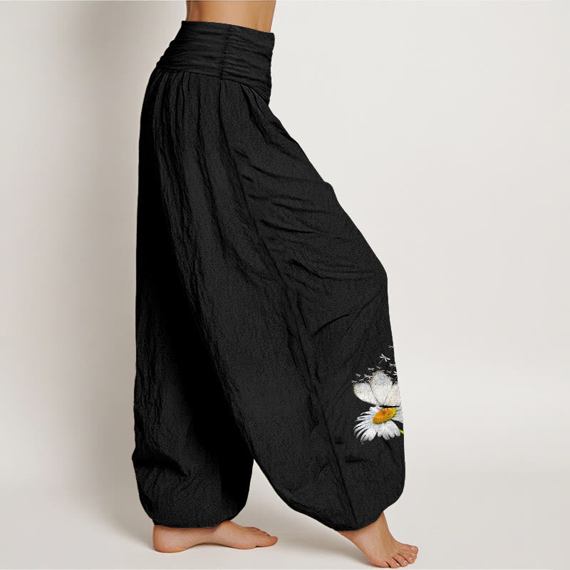 Buddha Stones Pure Cotton Elegant Daisy Butterfly Dragonfly Pattern Women's Elastic Waist Harem Pants - image 7
