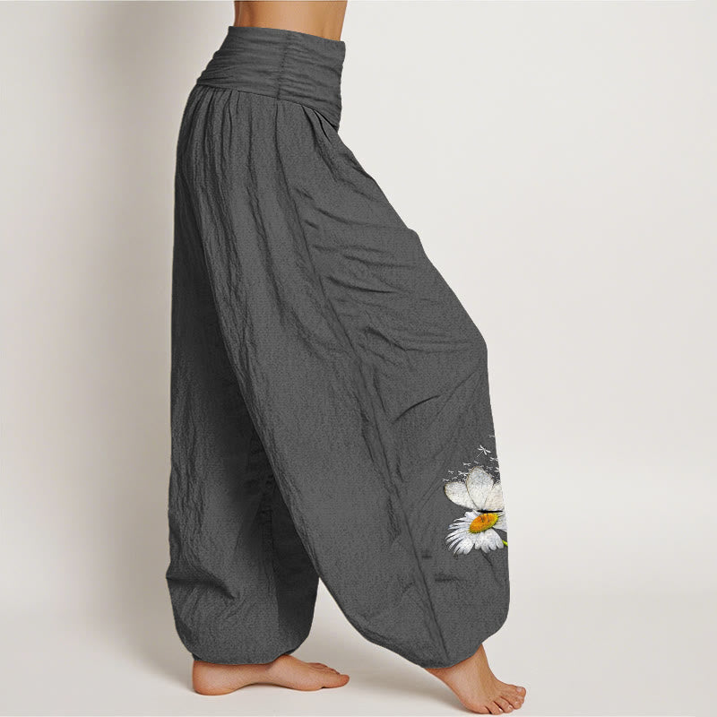 Buddha Stones Pure Cotton Elegant Daisy Butterfly Dragonfly Pattern Women's Elastic Waist Harem Pants - image 13