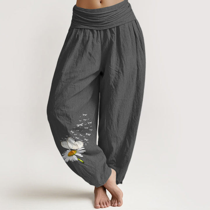 Buddha Stones Pure Cotton Elegant Daisy Butterfly Dragonfly Pattern Women's Elastic Waist Harem Pants - DimGray - US16，UK/AU20，EU48 (3XL) - image 11