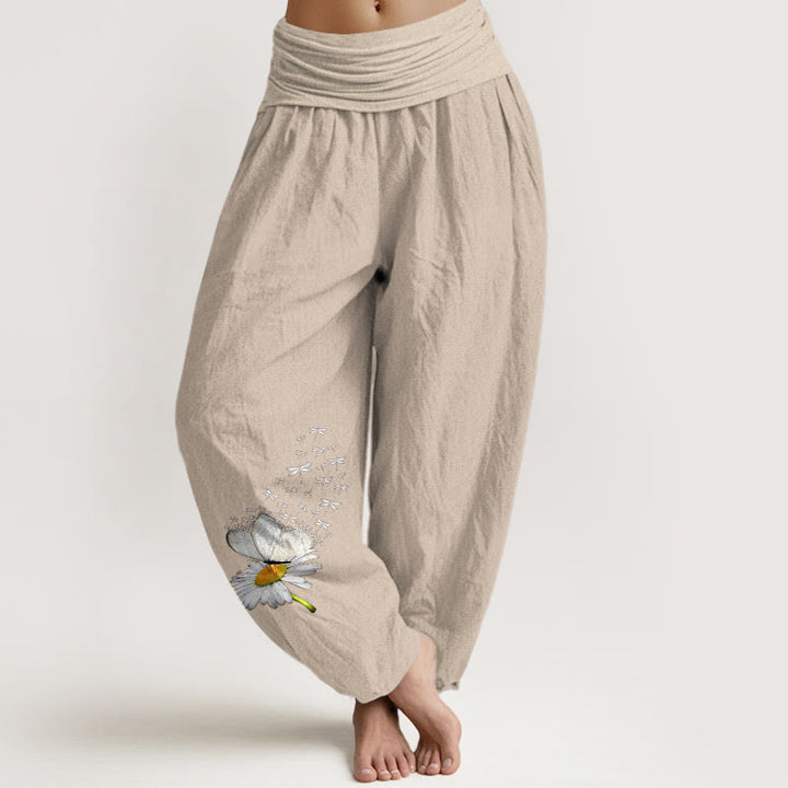 Buddha Stones Pure Cotton Elegant Daisy Butterfly Dragonfly Pattern Women's Elastic Waist Harem Pants - Tan - US16，UK/AU20，EU48 (3XL) - image 14