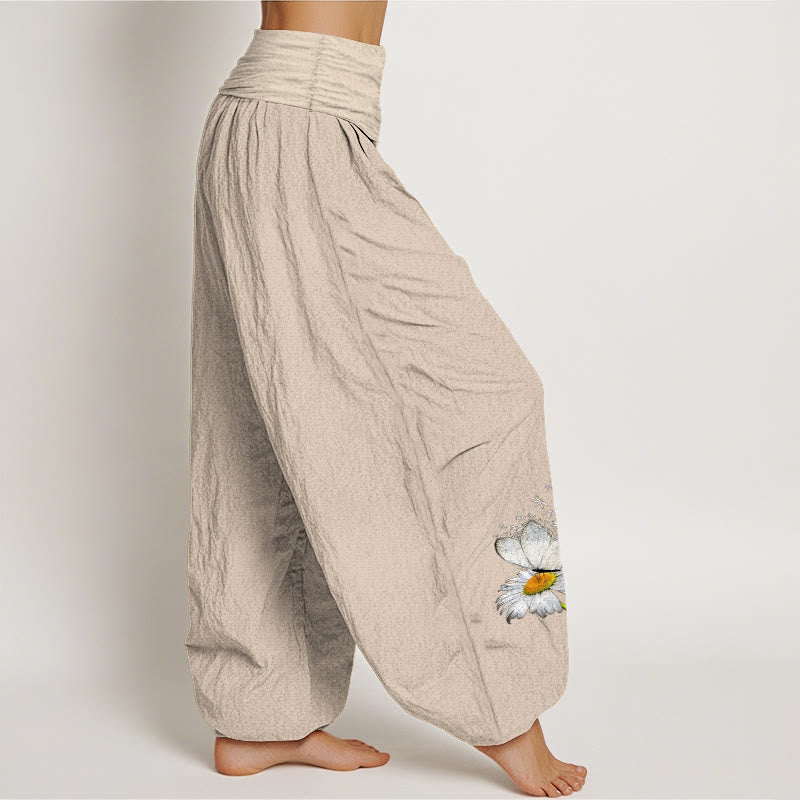 Buddha Stones Pure Cotton Elegant Daisy Butterfly Dragonfly Pattern Women's Elastic Waist Harem Pants - image 15