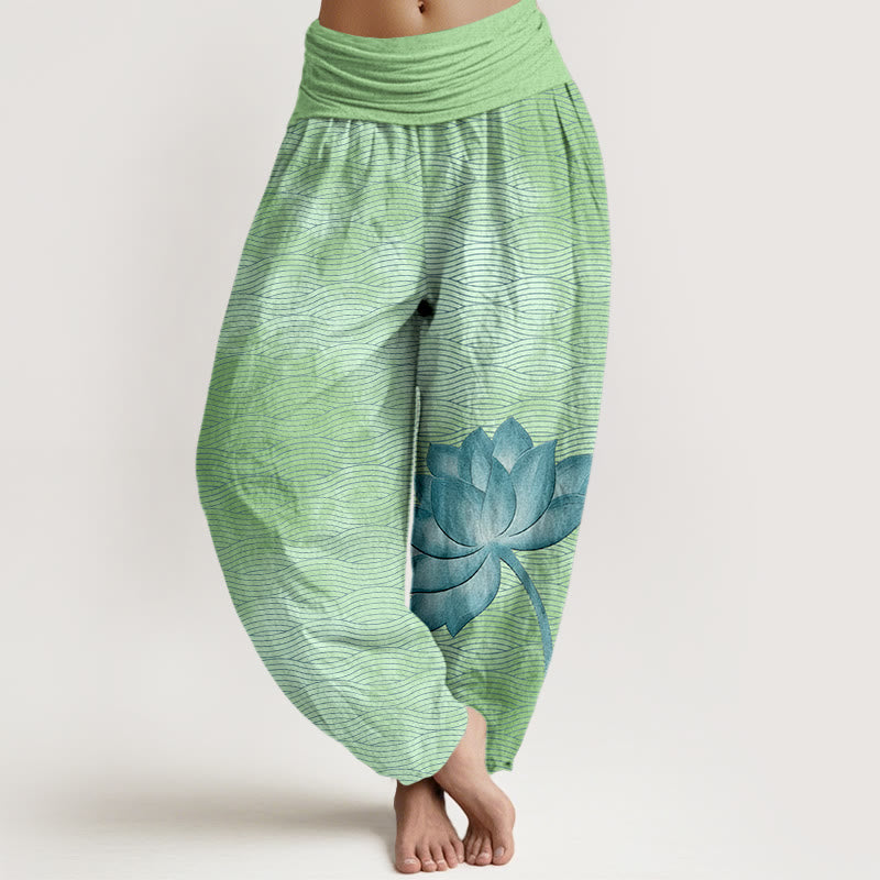 Buddha Stones Cotton Light Color Lotus Wavy Lines Pattern Women's Elastic Waist Harem Pants - LightGreen - US16，UK/AU20，EU48 (3XL) - image 8
