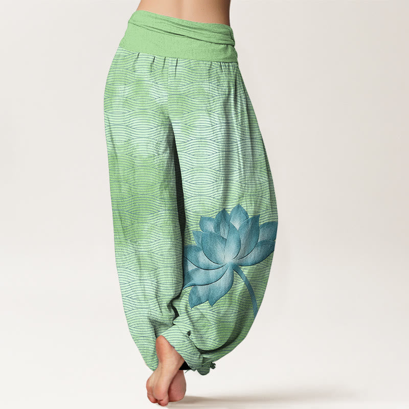 Buddha Stones Cotton Light Color Lotus Wavy Lines Pattern Women's Elastic Waist Harem Pants - image 9
