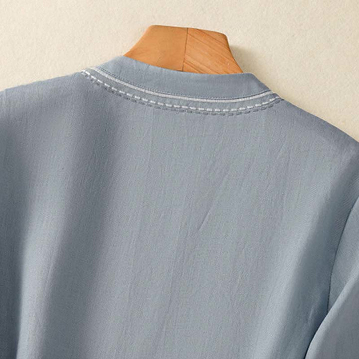 Buddha Stones Summer Stand Collar Short Sleeve Plain Women's  Frog-Button Cotton Shirt With Pocket - image 9