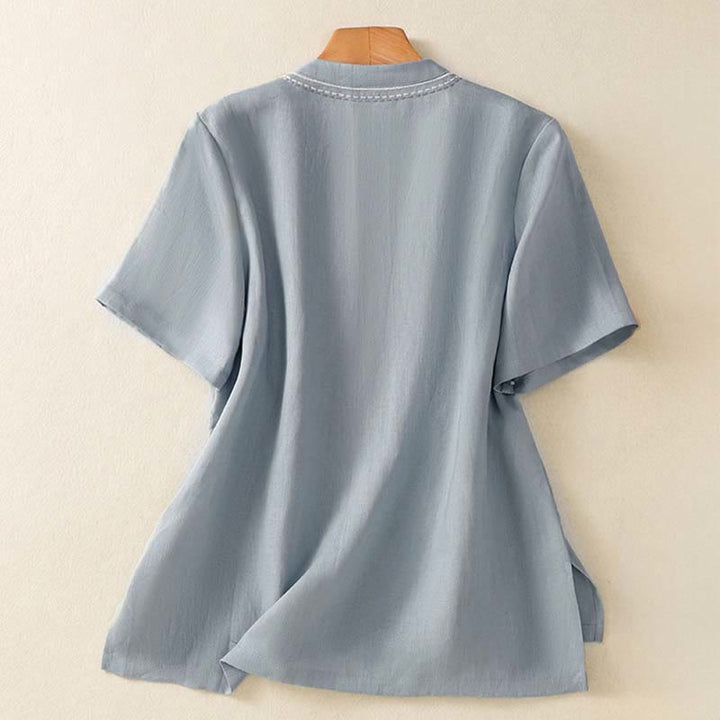 Buddha Stones Summer Stand Collar Short Sleeve Plain Women's  Frog-Button Cotton Shirt With Pocket - image 2