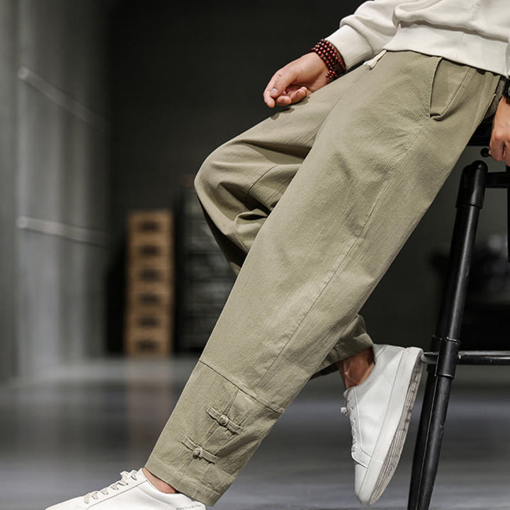 Buddha Stones Drawstring Elastic Waist Frog-Button Ankle-Length Men's Cotton Pants With Pockets - DarkKhaki - US/UK/AU46，EU56 (5XL) - image 0