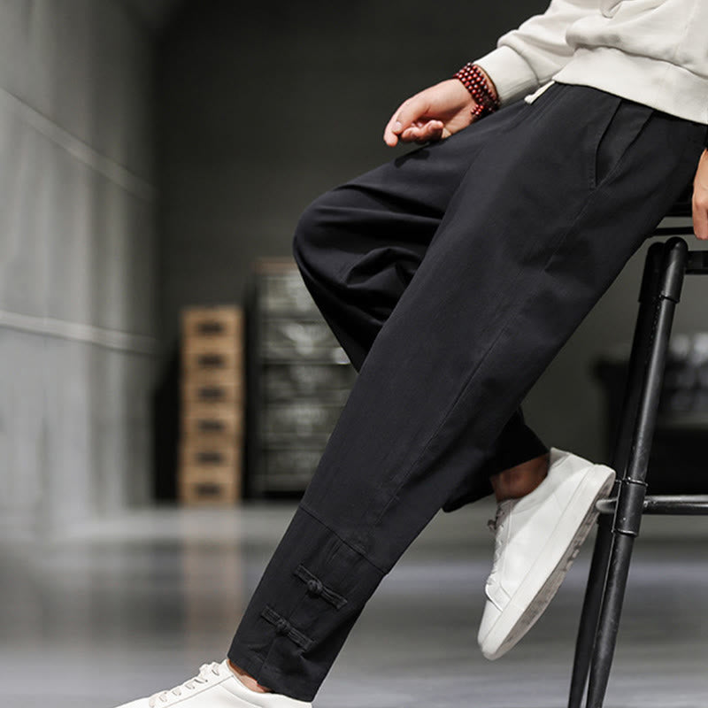 Buddha Stones Drawstring Elastic Waist Frog-Button Ankle-Length Men's Cotton Pants With Pockets - image 20