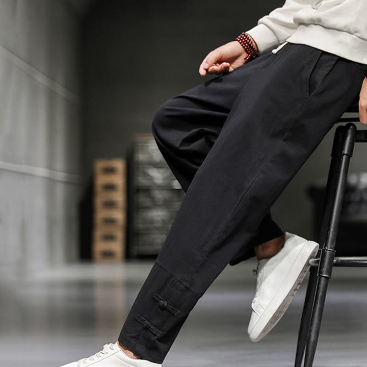 Buddha Stones Drawstring Elastic Waist Frog-Button Ankle-Length Men's Cotton Pants With Pockets - image 20