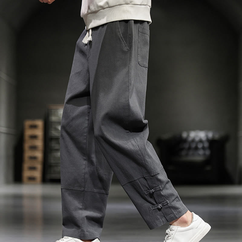 Buddha Stones Drawstring Elastic Waist Frog-Button Ankle-Length Men's Cotton Pants With Pockets - image 13