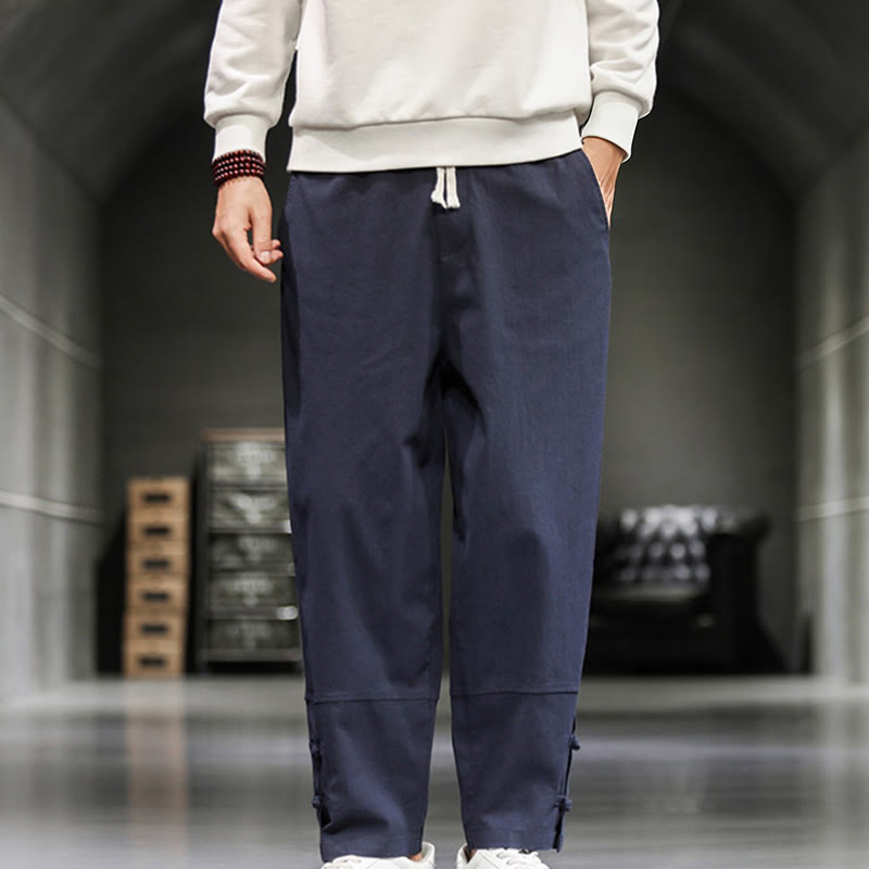 Buddha Stones Drawstring Elastic Waist Frog-Button Ankle-Length Men's Cotton Pants With Pockets - DarkBlue - US/UK/AU46，EU56 (5XL) - image 29