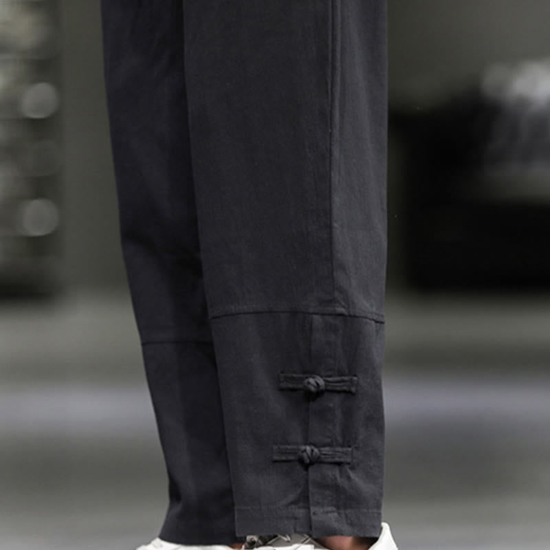 Buddha Stones Drawstring Elastic Waist Frog-Button Ankle-Length Men's Cotton Pants With Pockets - image 27