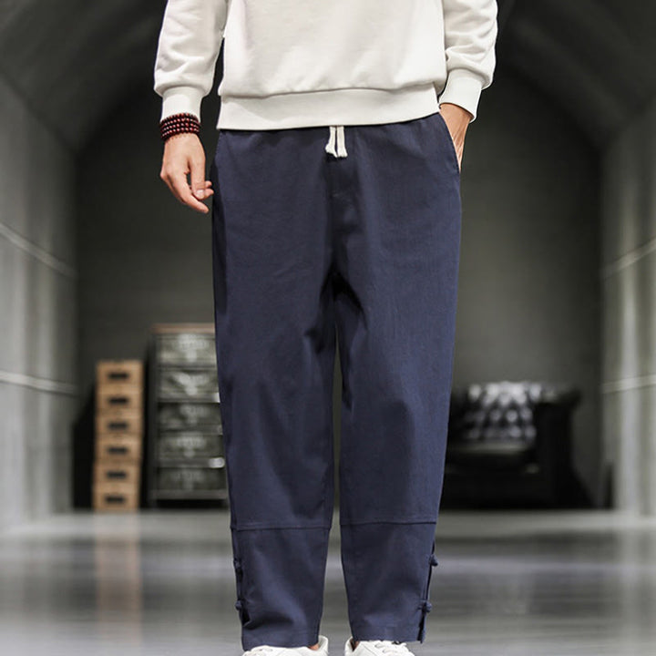 Buddha Stones Drawstring Elastic Waist Frog-Button Ankle-Length Men's Cotton Pants With Pockets - DarkBlue - US/UK/AU46，EU56 (5XL) - image 29