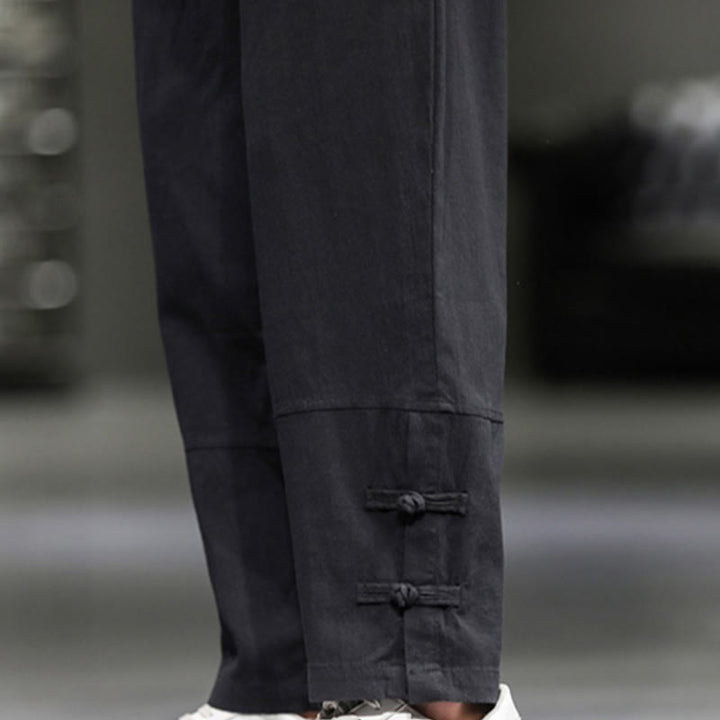 Buddha Stones Drawstring Elastic Waist Frog-Button Ankle-Length Men's Cotton Pants With Pockets - image 27