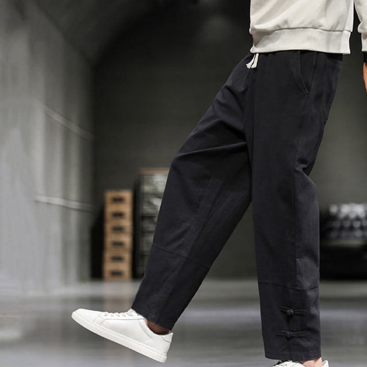 Buddha Stones Drawstring Elastic Waist Frog-Button Ankle-Length Men's Cotton Pants With Pockets - image 21