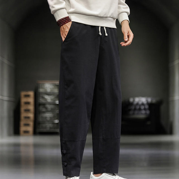 Buddha Stones Drawstring Elastic Waist Frog-Button Ankle-Length Men's Cotton Pants With Pockets - image 18