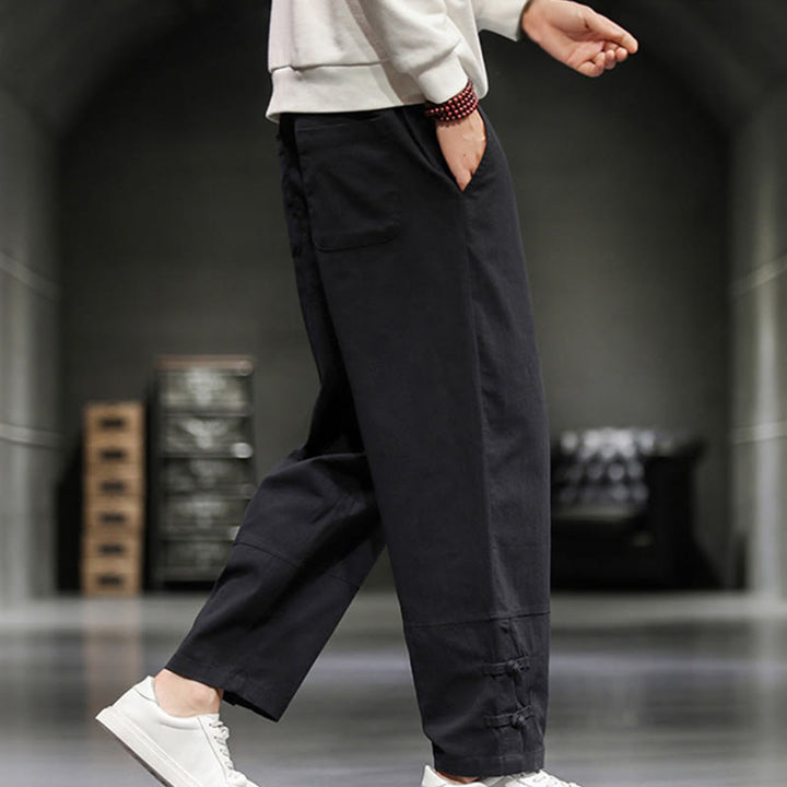 Buddha Stones Drawstring Elastic Waist Frog-Button Ankle-Length Men's Cotton Pants With Pockets - image 22