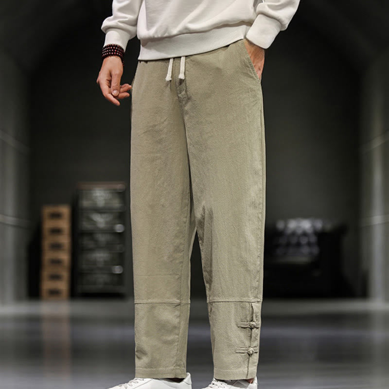 Buddha Stones Drawstring Elastic Waist Frog-Button Ankle-Length Men's Cotton Pants With Pockets - image 2