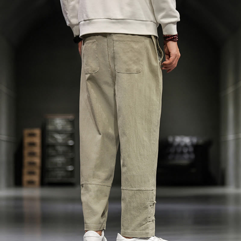 Buddha Stones Drawstring Elastic Waist Frog-Button Ankle-Length Men's Cotton Pants With Pockets - image 8