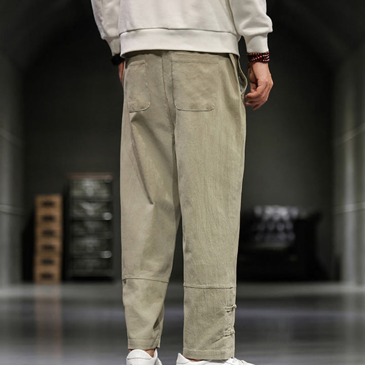 Buddha Stones Drawstring Elastic Waist Frog-Button Ankle-Length Men's Cotton Pants With Pockets - image 8