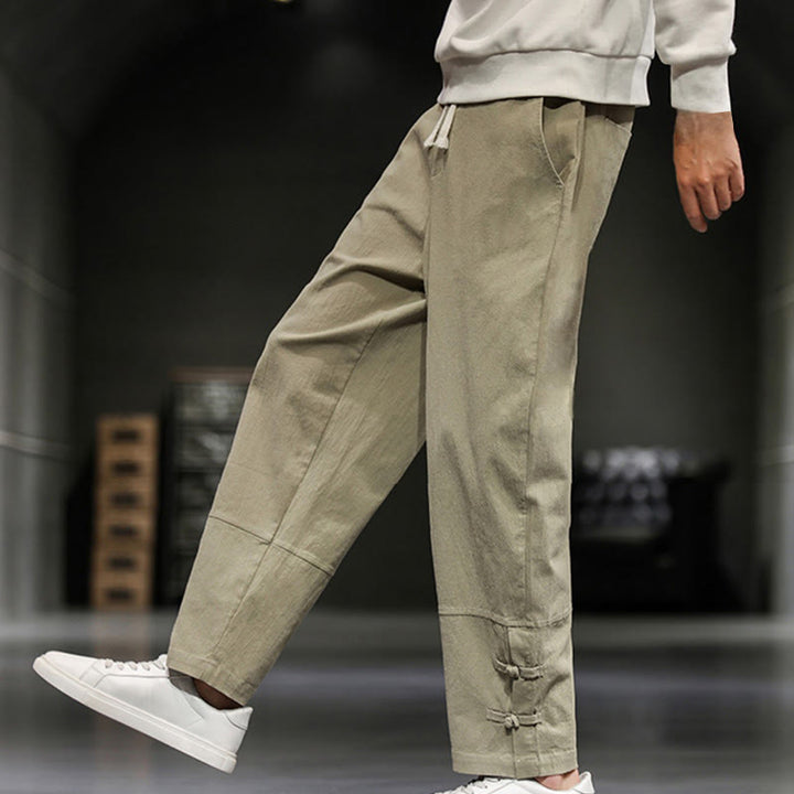 Buddha Stones Drawstring Elastic Waist Frog-Button Ankle-Length Men's Cotton Pants With Pockets - image 4