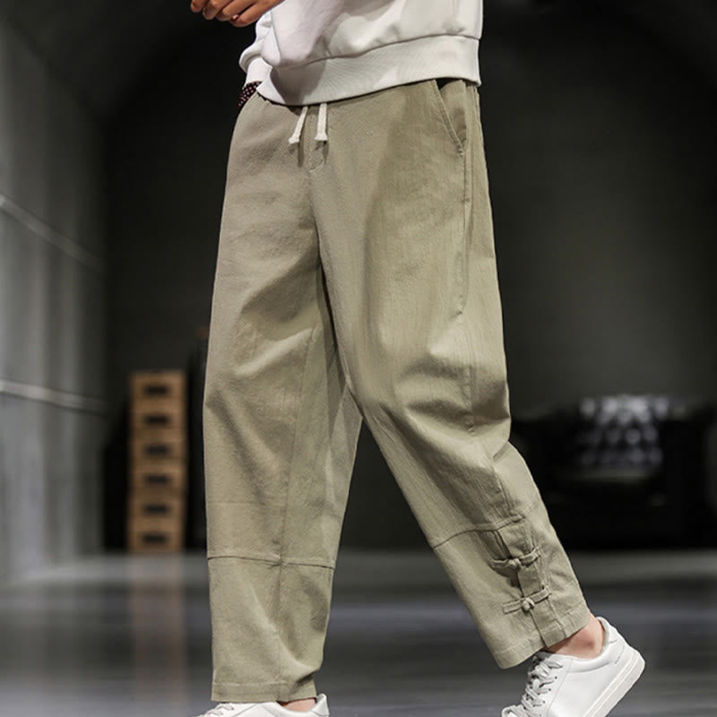 Buddha Stones Drawstring Elastic Waist Frog-Button Ankle-Length Men's Cotton Pants With Pockets - image 6