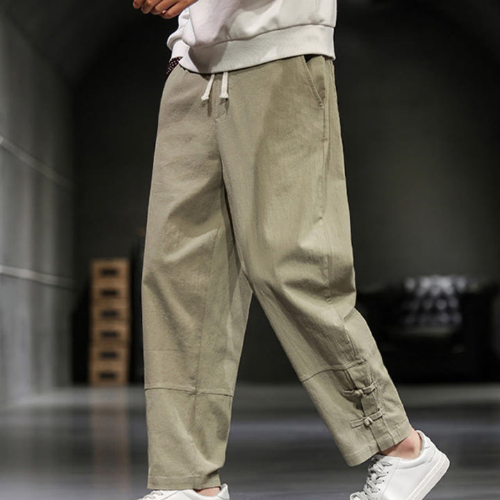 Buddha Stones Drawstring Elastic Waist Frog-Button Ankle-Length Men's Cotton Pants With Pockets - image 6