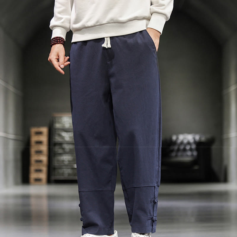 Buddha Stones Drawstring Elastic Waist Frog-Button Ankle-Length Men's Cotton Pants With Pockets - image 30